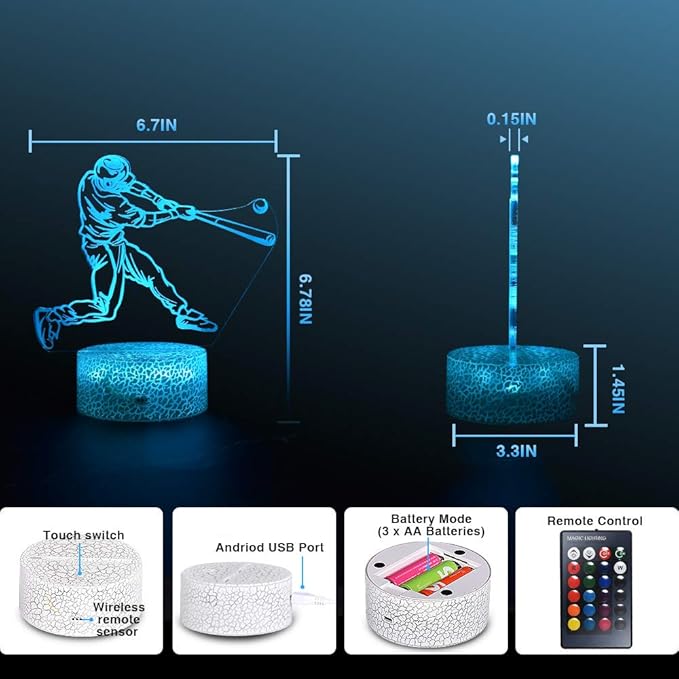LETOUR Night Light for Kids Baseball 3D Night Light Porpoise Illusion Lamp with Remote Control 16 Color Changing Xmas Halloween Birthday Gift for Child Baby Boy (Remote - Ice Crack Base) - LeafyLoom