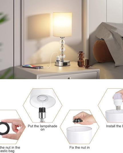 Touch Bedside Crystal Lamps for Bedrooms Nightstand with USB C+A Charging Port and AC Outlet White, 3 Way Dimmable Silver Small End Side Table Lamp for Living/Guest/Dinning Room/Kitchen - LeafyLoom