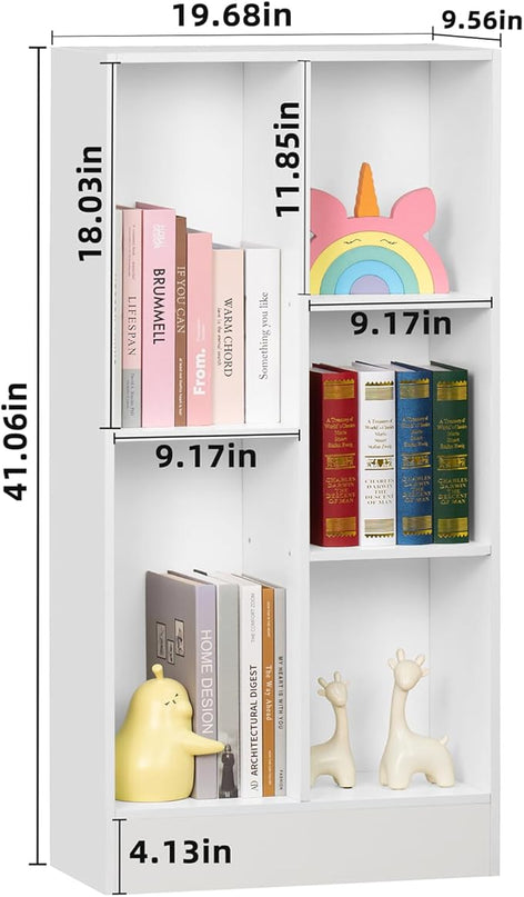 YAHARBO 5 Cube White Bookshelf,Small Modern Horizontal Bookcase,Wood Floor Standing Low Bookshelves Display Storage Cabinet with Base, Short Book Shelf Open Organizer for Bedroom,Living Room,Office - LeafyLoom