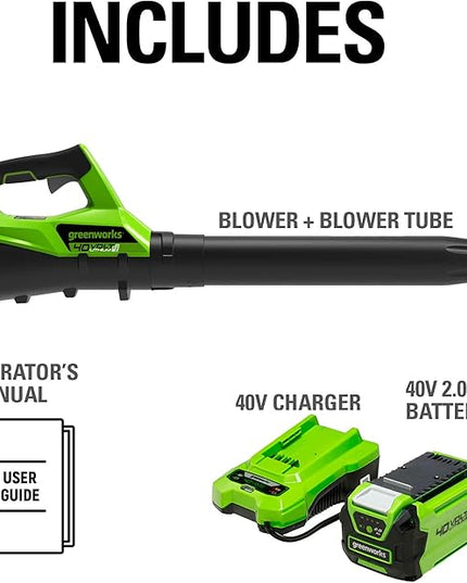 Greenworks 40V (115 MPH / 430 CFM) Brushless Axial Leaf Blower, 2.0Ah Battery and Charger Included - LeafyLoom