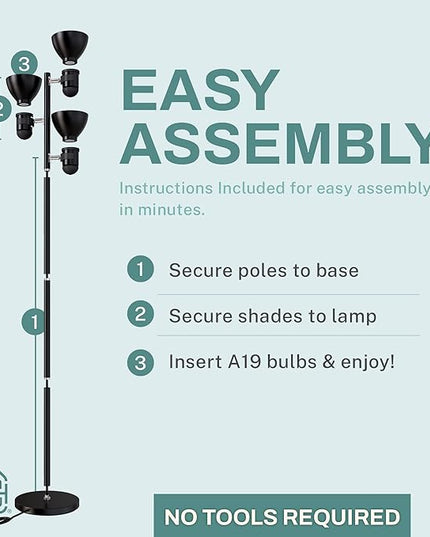 3 Light Floor Lamp Standing Lamp for Living Room, Bedroom, Office - Adjustable Modern Tree Floor Lamps, 60W Bright Spotlight Lighting - Rotating Swivel Corner Light for Reading, Black - LeafyLoom