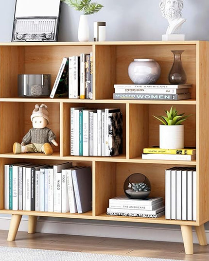 IOTXY Wooden Open Shelf Bookcase - 3-Tier Floor Standing Display Cabinet Rack with Legs, 7 Cubes Bookshelf, Pear Yellow - LeafyLoom