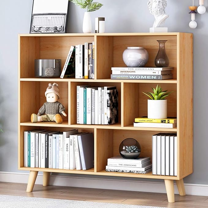 IOTXY Wooden Open Shelf Bookcase - 3-Tier Floor Standing Display Cabinet Rack with Legs, 7 Cubes Bookshelf, Pear Yellow - LeafyLoom