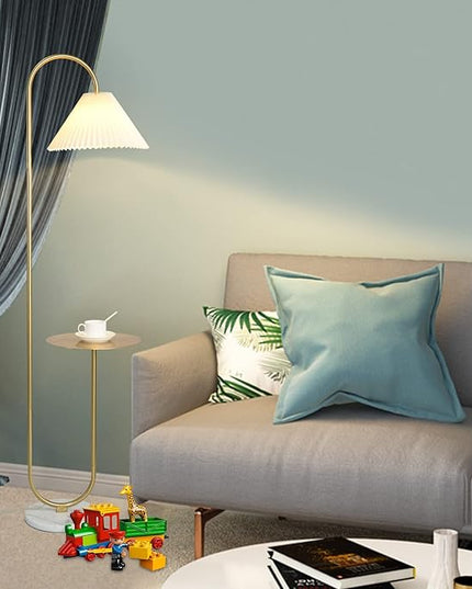 Modern Elegant with Tray Floor Lamp for Office Cafe Den Living Room Bedroom, Foot Switch and Brass/Gold Finish,Light Yellow Pleated Cloth Lampshade - LeafyLoom