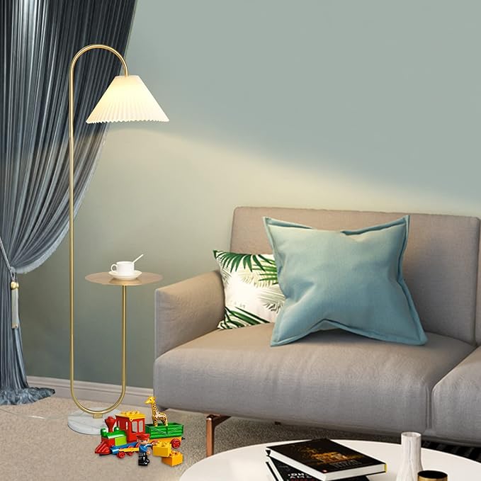 Modern Elegant with Tray Floor Lamp for Office Cafe Den Living Room Bedroom, Foot Switch and Brass/Gold Finish,Light Yellow Pleated Cloth Lampshade - LeafyLoom