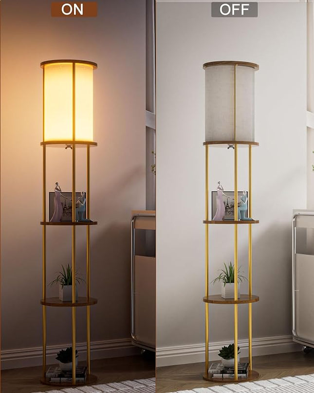 Lightdot 61IN Floor Lamp with Shelves, 3-Tier Storage Gold Standing Lamps with 3000K E26 Bulb Included, Display Shelf Floor Lamp for Living Room Sofa Corner - LeafyLoom