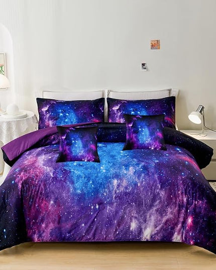 Galaxy Comforter Sets Twin 7PCS,Purple Comforter Set,Girls Bed Sets,Bed in a Bag with Flat Sheet and Fitted Sheet,Pillowcases,Cushions for Girls,Purple Galaxy Twin Bedding Sets - LeafyLoom