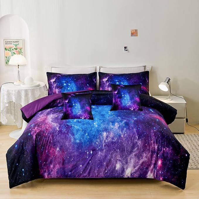 Full Size Comforter Sets for Girls 7PCS,Galaxy Bedding Sets,Bed Sets for Girls with Flat Sheet and Fitted Sheet,Pillowcases,Cushions,Purple Comforter Sets - LeafyLoom