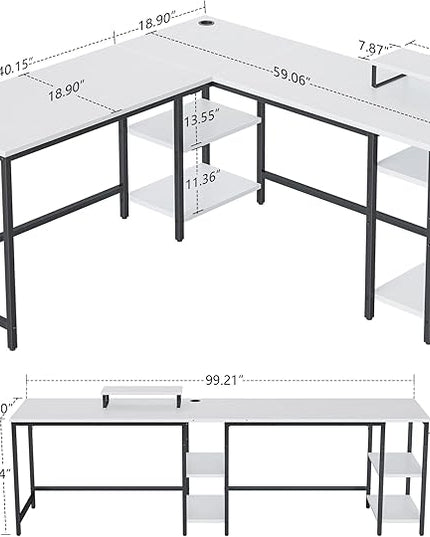 BANTI L Shaped Desk with Storage, 59 Inch Reversible Corner Computer Desk or 2 Person Long Table Desk, Home Office Large Gaming Writing Storage Workstation with Monitor Stand, White - LeafyLoom