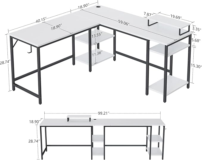 BANTI L Shaped Desk with Storage, 59 Inch Reversible Corner Computer Desk or 2 Person Long Table Desk, Home Office Large Gaming Writing Storage Workstation with Monitor Stand, White - LeafyLoom