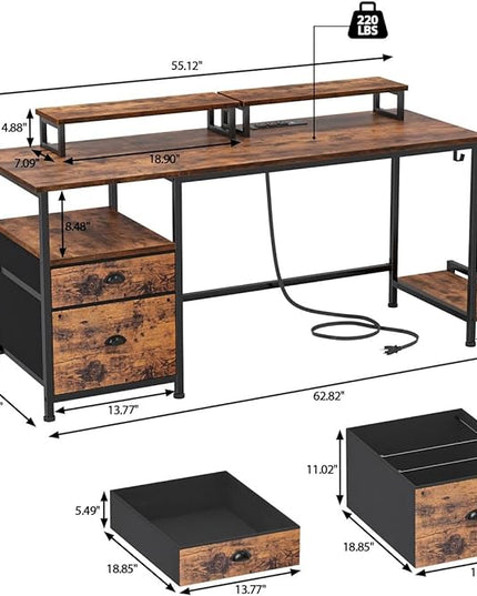 Furologee Desk with Drawer and Power Outlets, 55" Large Compter Desk with Fabric File Cabinet and 2 Movable Monitor Shelf, Writing Gaming Table with CPU Stand and 2 Hooks for Home Office, Rustic Brown - LeafyLoom