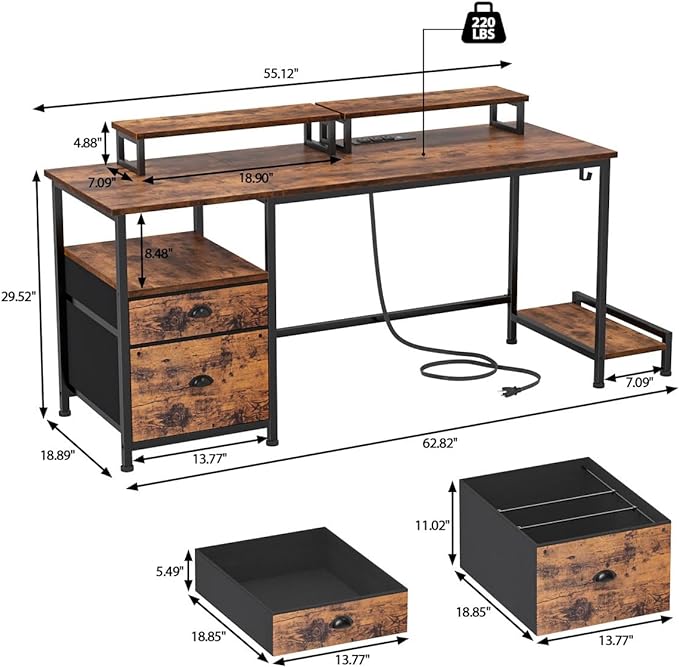 Furologee Desk with Drawer and Power Outlets, 55" Large Compter Desk with Fabric File Cabinet and 2 Movable Monitor Shelf, Writing Gaming Table with CPU Stand and 2 Hooks for Home Office, Rustic Brown - LeafyLoom