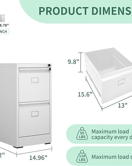 2 Drawer File Cabinet,Metal Vertical File Cabinets with Lock for Home Office,Heavy Duty Office Steel Filing Cabinet for Hanging Letters/Legal/A4, Assembly Required (White) - LeafyLoom