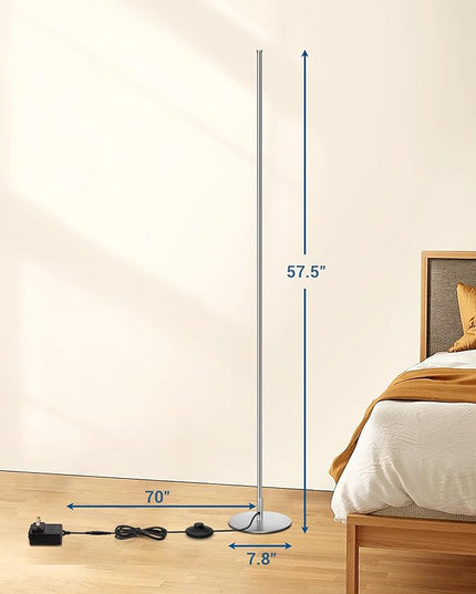 DEWENWILS Minimalist LED Corner Floor Lamp, Set of 2 Slim Dimmable Mood Light, 57.5" Standing Tall Lamp for Living Room, Bedroom, Office, 3000K Warm White Light (Silver) - LeafyLoom