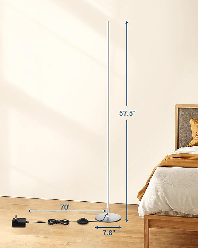 DEWENWILS Minimalist LED Corner Floor Lamp, Set of 2 Slim Dimmable Mood Light, 57.5" Standing Tall Lamp for Living Room, Bedroom, Office, 3000K Warm White Light (Silver) - LeafyLoom