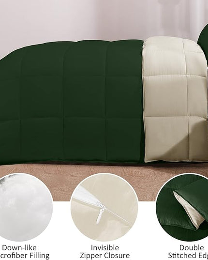 Basic Beyond Queen Comforter Set - Fluffy Comforter Queen Set for All Seasons - Reversible Forest Green Queen Comforter Set for Mens - 3 Pieces (1 Comforter + 2 Pillow Shams) - Forest Green/Ivory - LeafyLoom