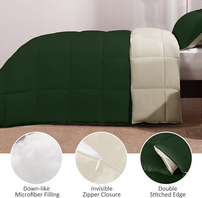 Basic Beyond King Size Comforter Set - Fluffy King Bed Comforter Set for All Seasons - Reversible Forest Green King Size Comforter Set - 3 Pieces (1 Comforter + 2 Pillow Shams) - Forest Green/Ivory - LeafyLoom