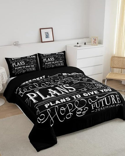 Feelyou Kids Vintage Bible Verse Comforter Set Christian Bible Verse Jeremiah Comforter Set for Boys Children Teens Bedroom Decor Modern Comforter Black Duvet Set King Size with 2 Pillow Case - LeafyLoom
