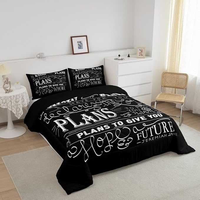 Feelyou Kids Vintage Bible Verse Comforter Set Christian Bible Verse Jeremiah Comforter Set for Boys Children Teens Bedroom Decor Modern Comforter Black Duvet Set Queen Size with 2 Pillow Case - LeafyLoom