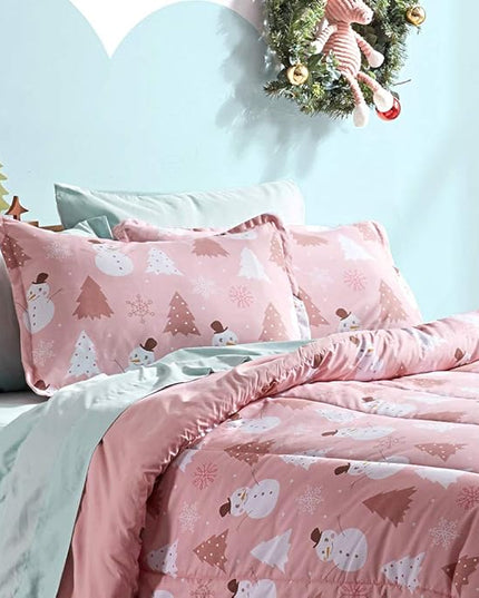 SLEEP ZONE Kids Twin Bedding Comforter Set - Super Cute & Soft Kids Bedding 5 Pieces Set with Comforter, Sheet, Pillowcase & Sham (Pink Snowman) - LeafyLoom
