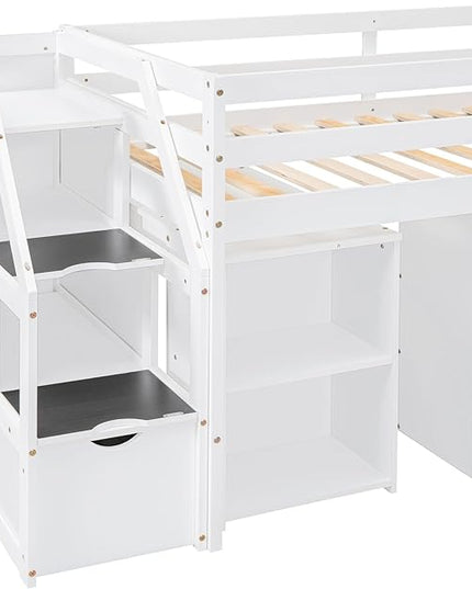 Loft Bed Frame, Twin Size Low Loft Bed with Storage Stairs, Shelves, Retractable Writing Desk and 3 Drawers, Wooden Twin Lofbed Frame for Kids Boys Girls Bedroom, Space-Saving Design, White - LeafyLoom