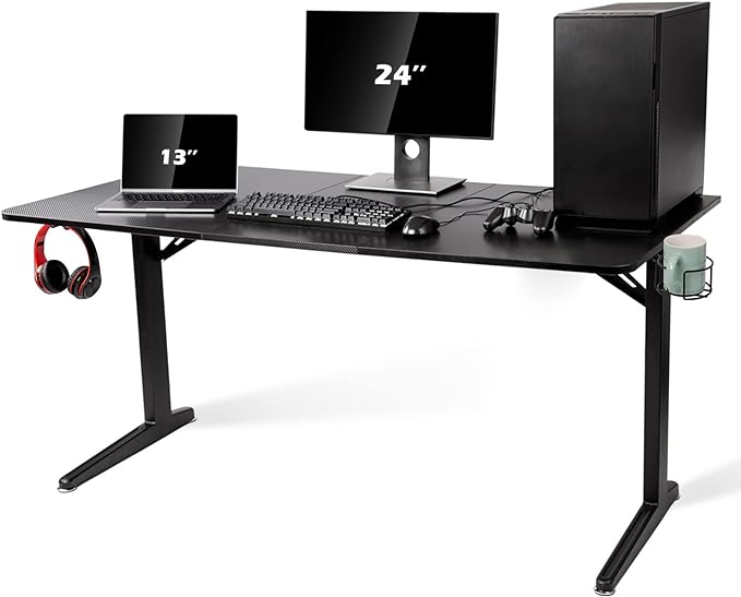 TOPSKY Gaming Desk Large Surface 63’’x31.5’’ with Cup Holder, Headphone Hook and Cable Management (Black) - LeafyLoom