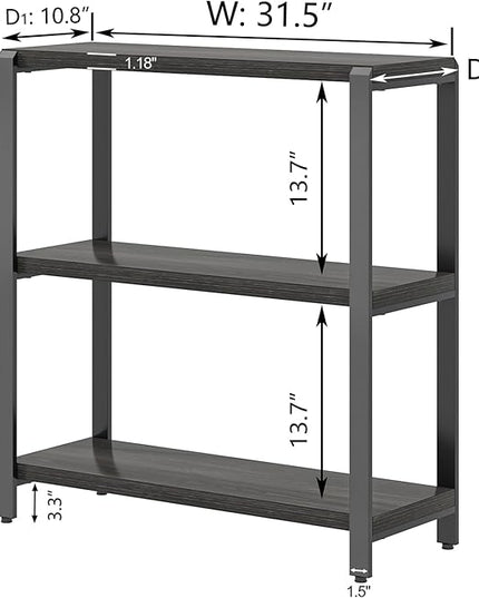 FOLUBAN Rustic Small Bookshelf and Bookcase, 3 Tier Low Short Book Shelf, Industrial Metal and Wood Book Case for Bedroom Living Room, Dark Gray - LeafyLoom