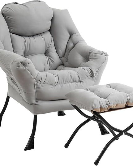 Lazy Chair with Ottoman, Modern Chair with Folding Footrest, Lounge Accent Chair, Comfortable Reading Chair (Peach Light Grey) - LeafyLoom