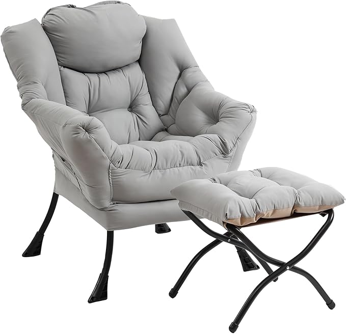 Lazy Chair with Ottoman, Modern Chair with Folding Footrest, Lounge Accent Chair, Comfortable Reading Chair (Peach Light Grey) - LeafyLoom