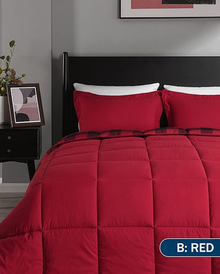 downluxe Lightweight Plaid Comforter Set (King) with 2 Pillow Shams - 3-Piece Set - Red/Black Plaid - Down Alternative Reversible Comforter - LeafyLoom