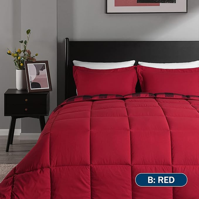 downluxe Lightweight Plaid Comforter Set (King) with 2 Pillow Shams - 3-Piece Set - Red/Black Plaid - Down Alternative Reversible Comforter - LeafyLoom
