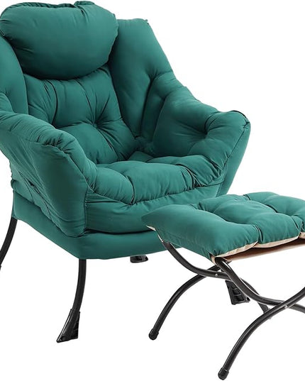 Lazy Chair with Ottoman, Modern Chair with Folding Footrest, Lounge Accent Chair, Comfortable Reading Chair (Peach Dark Green) - LeafyLoom