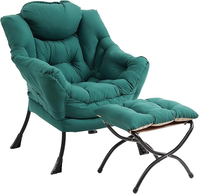 Lazy Chair with Ottoman, Modern Chair with Folding Footrest, Lounge Accent Chair, Comfortable Reading Chair (Peach Dark Green) - LeafyLoom