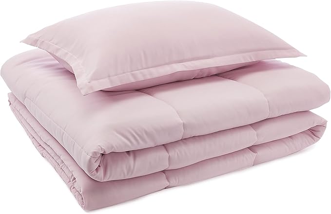 Amazon Basics Kid's 2 Piece Comforter and Pillow Sham Set, Soft, Easy Wash Microfiber, Twin, Light Pink, Solid - LeafyLoom