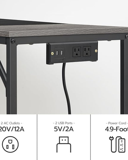 HOOBRO Computer Desk, Home Office Desk with Power Outlet, Modern Study Writing Desk with 3 Hooks for Study Room, Home Office, Sturdy and Stable, Easy to Assemble, Charcoal Gray and Black BC41UDN01 - LeafyLoom
