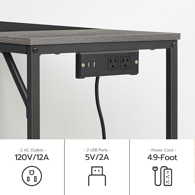 HOOBRO Computer Desk, Home Office Desk with Power Outlet, Modern Study Writing Desk with 3 Hooks for Study Room, Home Office, Sturdy and Stable, Easy to Assemble, Charcoal Gray and Black BC41UDN01 - LeafyLoom