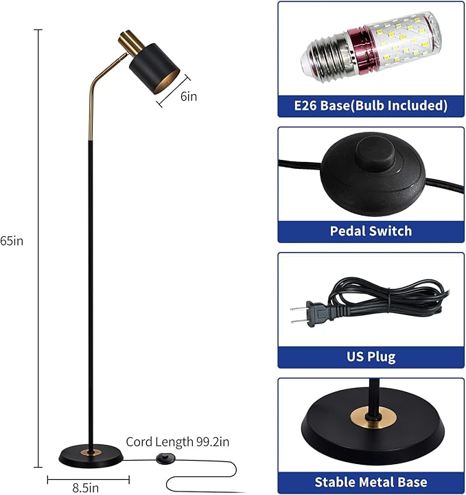 O'NEELDY Modern Industrial Floor Lamp 65" Black Standing Lamp, Black Floor Lamp with 360° Adjustable Lampshade, 12W E26 Bulb Included, Floor Lamp for Living Room, Bedroom, Office - LeafyLoom
