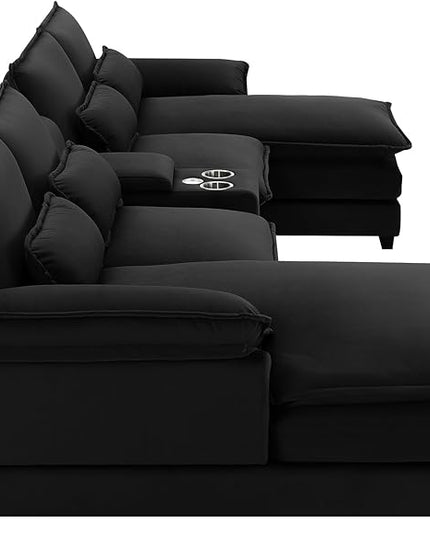 U Shaped Symmetrical Modular Sectional Sofa Cloud Couch with Double Chaise Lounge and Center Console,Cupholders and USB Ports, Deep Seat Upholstered Sleeper Corner Sofa&Couches for Living Room - LeafyLoom