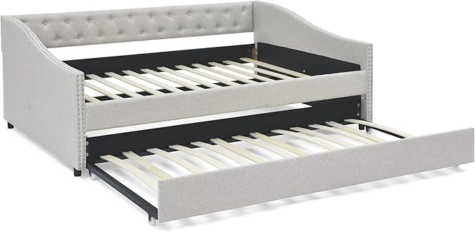 Full Size Upholstered Daybed with Twin Size Trundle, Tufted Full Day Bed w/Button Back and Waved Shape Copper Nail Arms, No Spring Box Needed, Easy Assemble, for Living Room - LeafyLoom
