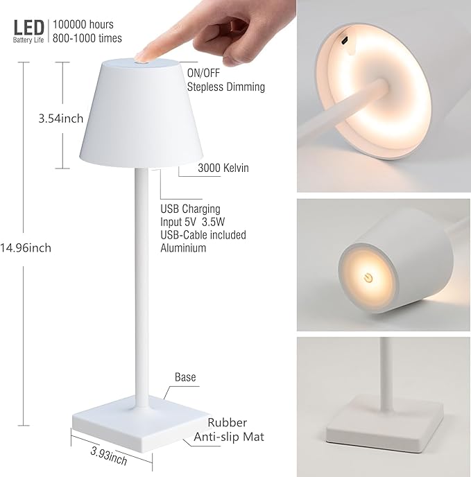 Rechargeable Table Lamp, 3 Color Dimmable Modern Battery Powered Lamp, 5200mAh Touch Cordless LED Desk Lamp for Bedroom Reading Office Bar Cafe Patio (White) - LeafyLoom