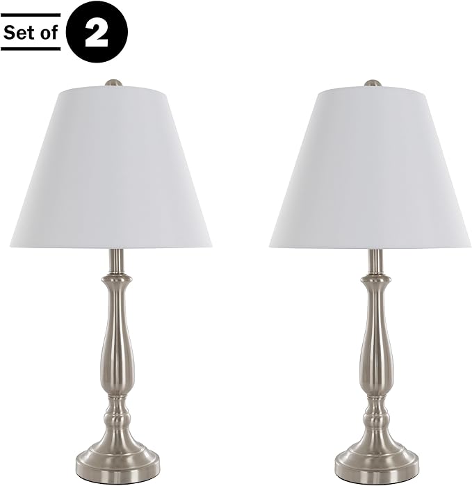 Brushed Steel Table Lamps - Set of 2 Traditional Accent Lights with LED Bulbs - Home Décor for Bedroom, Living Room, Office, or Entry by Lavish Home - LeafyLoom