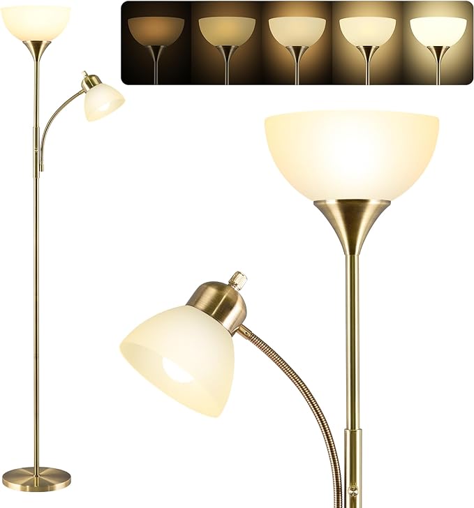 Floor Lamp, Dimmable Standing lamp, 3 Levels Dimmable Brightness, Included 9W and 5W LED Bulbs, Industrial Floor Lamp for Living Room, Bedroom, Office, Reading - LeafyLoom