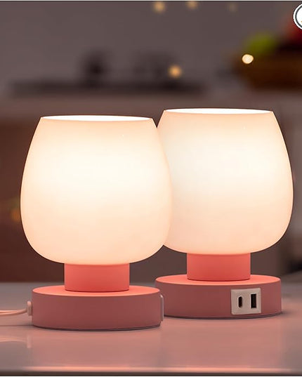 Pink Touch Table Lamp with USB Charging - 3 Way Dimmable Small Lamp for Bedroom, Warm LED Bulb Included, 2 Packs - LeafyLoom