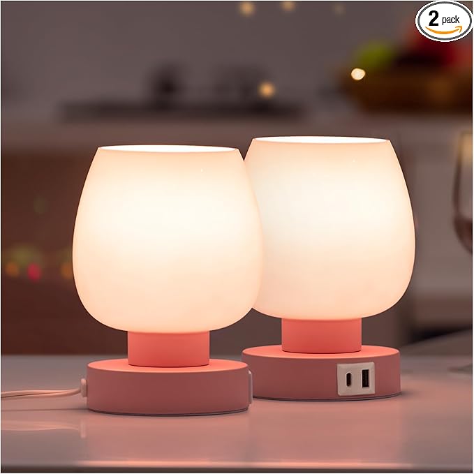 Pink Touch Table Lamp with USB Charging - 3 Way Dimmable Small Lamp for Bedroom, Warm LED Bulb Included, 2 Packs - LeafyLoom