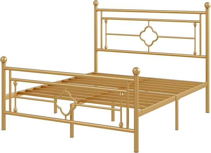 Allewie Queen Size Metal Platform Bed Frame with Victorian Vintage Headboard and Footboard/Mattress Foundation/Under Bed Storage/No Box Spring Needed/Noise-Free/Easy Assembly, Gold - LeafyLoom