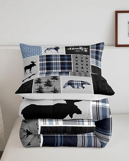 Rustic Adventure Kids Comforter Set King Size,Deer Bear Pine Trees Xmas Bedding Set for Boys Girls Adults Room Decor,Plaids Arrows Wooden Patchwork Down Comforter,Blue Duvet Insert,2 Pillowcases - LeafyLoom