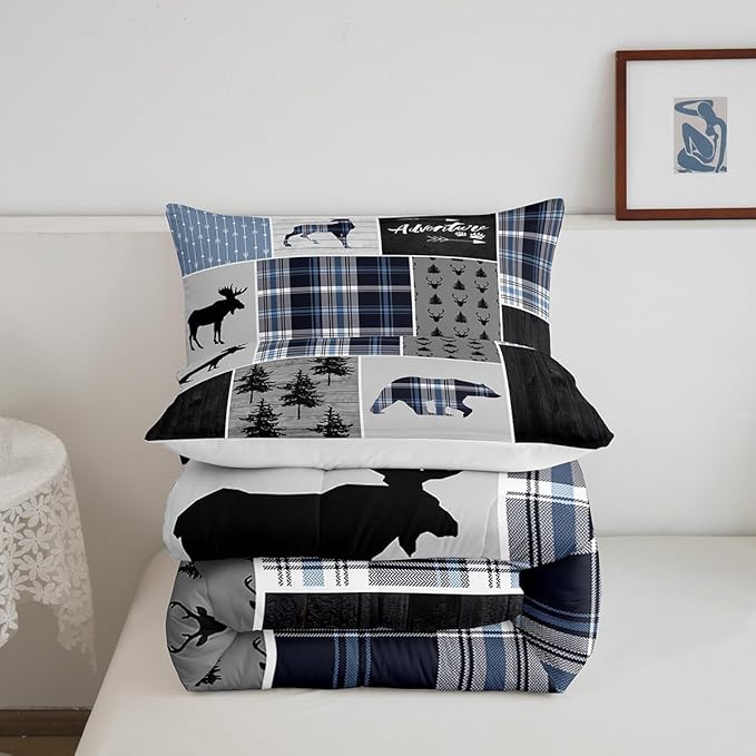Rustic Adventure Kids Comforter Set Full Size,Deer Bear Pine Trees Xmas Bedding Set for Boys Girls Adults Room Decor,Plaids Arrows Wooden Patchwork Down Comforter,Blue Duvet Insert,2 Pillowcases - LeafyLoom