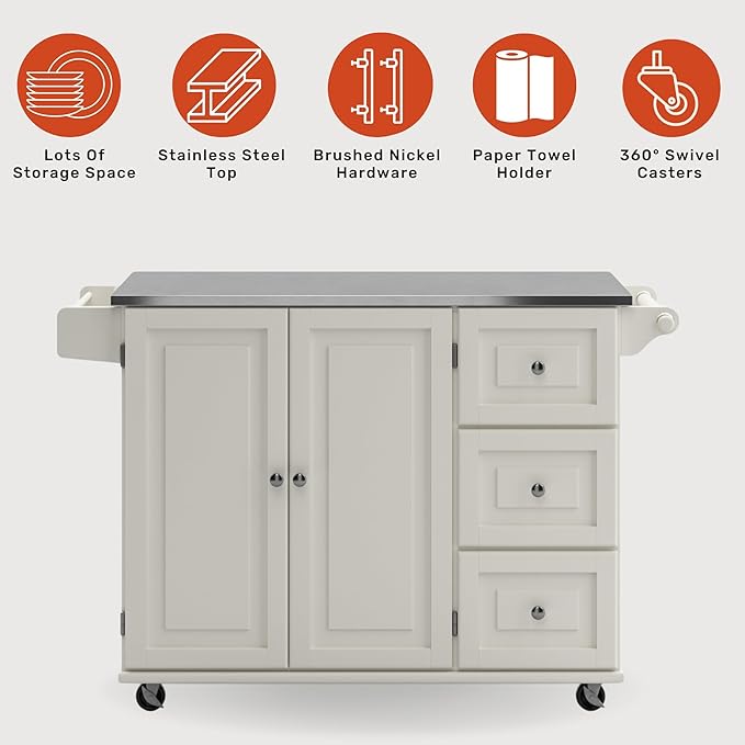 Homestyles Kitchen Cart with Stainless Steel Metal Top Rolling Mobile Kitchen Island with Storage and Towel Rack 54 Inch Width Off White - LeafyLoom