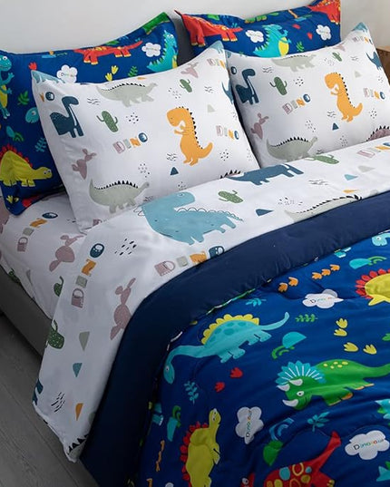 Wajade 7 Piece Kid Boys Dinosaur Comforter Set Queen Size 3D Blue Dinosaur Wild Park Jungle Print Bedding Set with Comforter, Sheet Set, Pillowcase and Sham - LeafyLoom