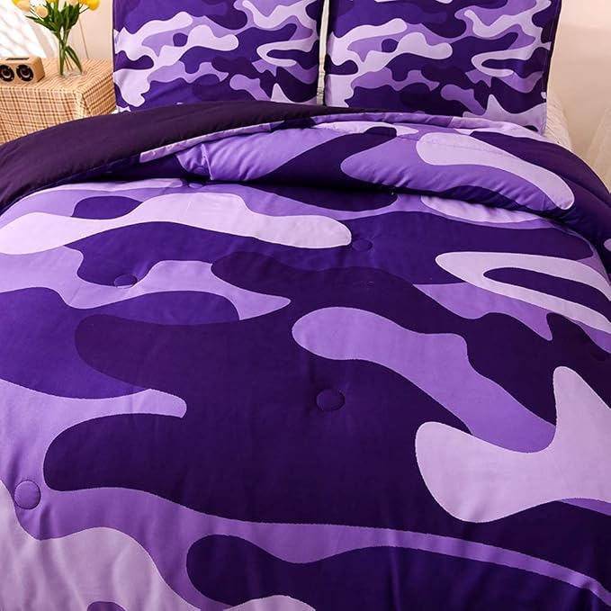 Meeting Story Camouflage Bedding Set, Purple Camouflage Comforter Set, 3 PCS One Comforter and Two Pillowcases, Lightweight Bedspread for Girls Teens Adults (Purple, Queen) - LeafyLoom